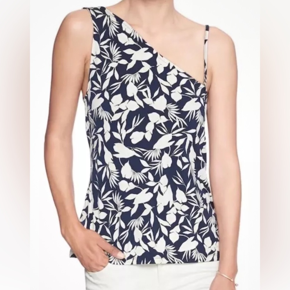 Banana Republic Women Size M Floral Print Matte Jersey One Shoulder Top Navy